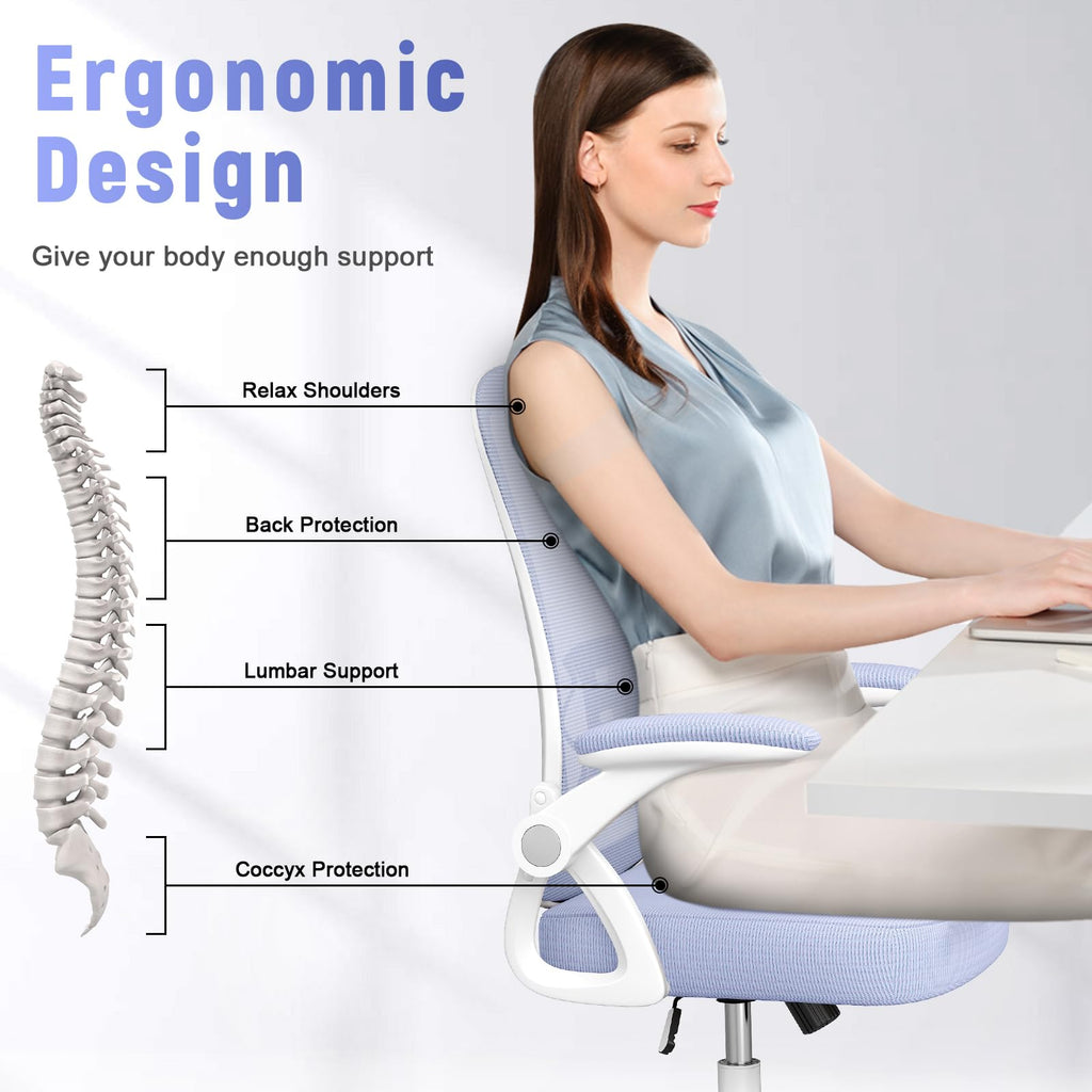 Ergonomic Office Chair, Mid Back Desk Chair with Adjustable Height, Flip-Up Arms and Lumbar Support, Breathable Mesh Swivel Computer Chair for Home Study Working/Light Purple