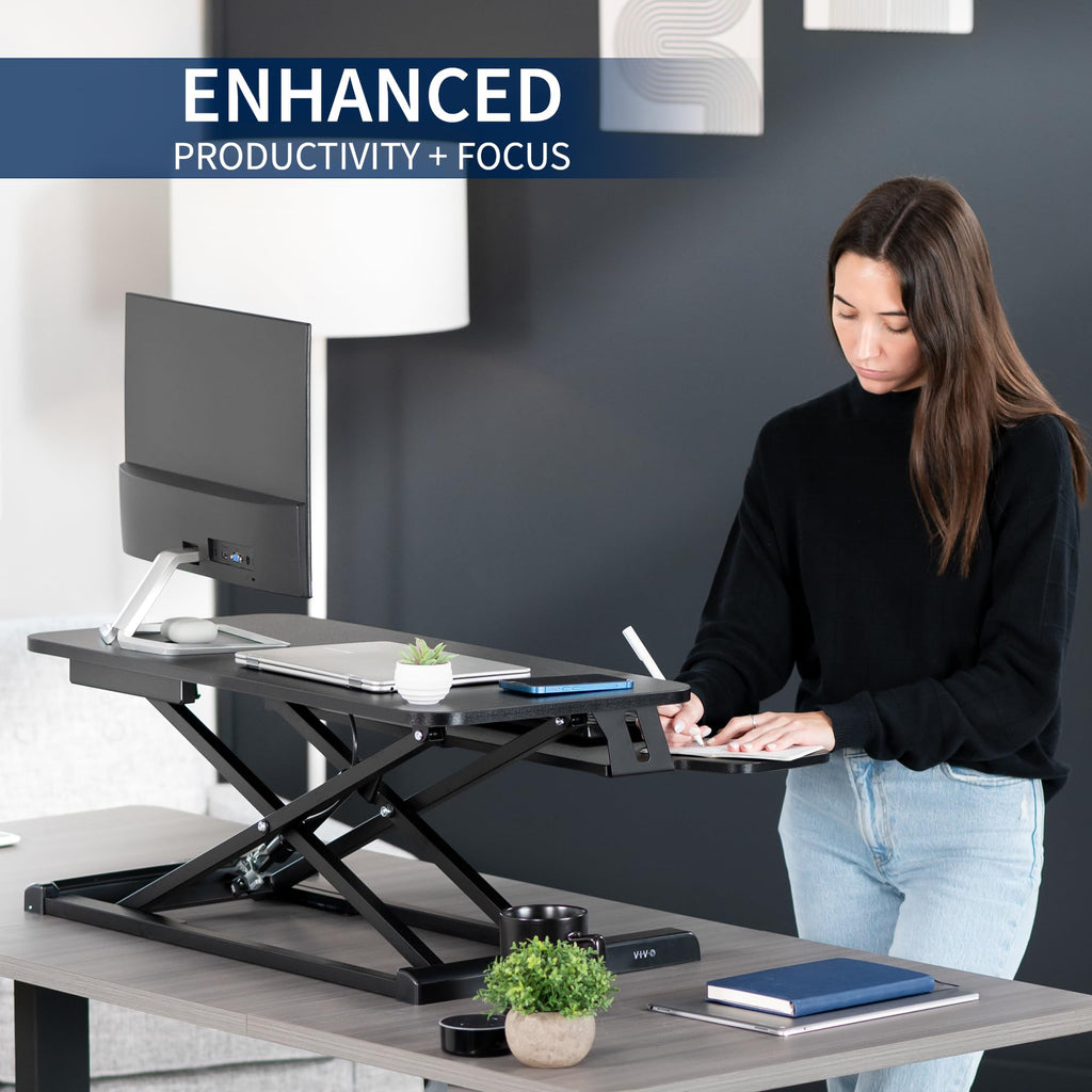 32 inch Desk Converter, K Series, Height Adjustable Sit to Stand Riser, Dual Monitor and Laptop Workstation with Wide Keyboard Tray, Black, DESK-V000K