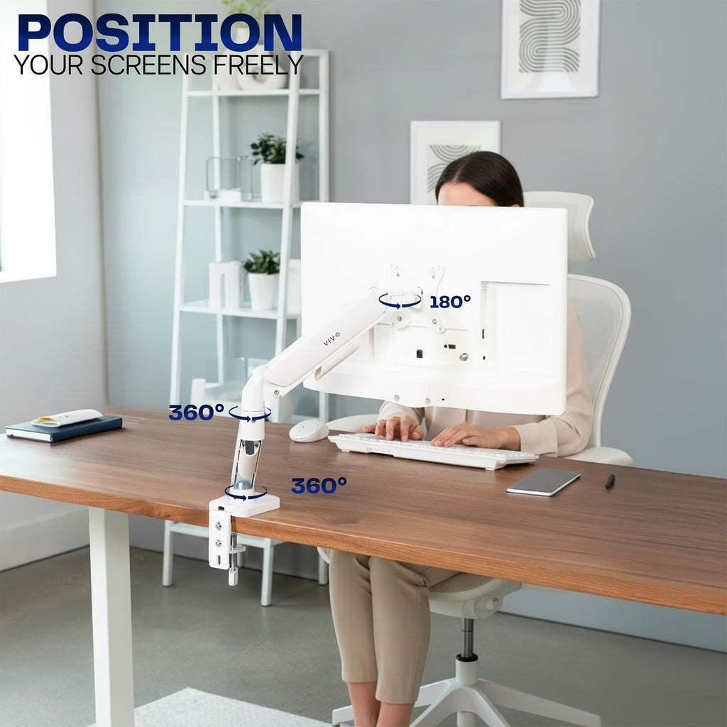Single 17 to 32 inch Monitor Height Adjustable Counterbalance Mechanical Arm Desk Stand, Classic, Universal VESA Mount, White, STAND-V001OW