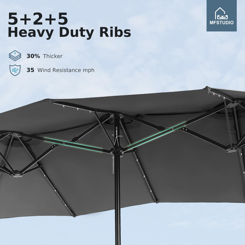 15ft Double Sided Patio Umbrella with Solar Lights, Outdoor Large Umbrellas with Crank Handle and 36 LED Lights, Rectangular Market Umbrella with Base Included for Deck Pool Shade, Smoky Gray