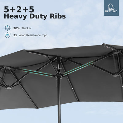15ft Double Sided Patio Umbrella with Solar Lights, Outdoor Large Umbrellas with Crank Handle and 36 LED Lights, Rectangular Market Umbrella with Base Included for Deck Pool Shade, Smoky Gray