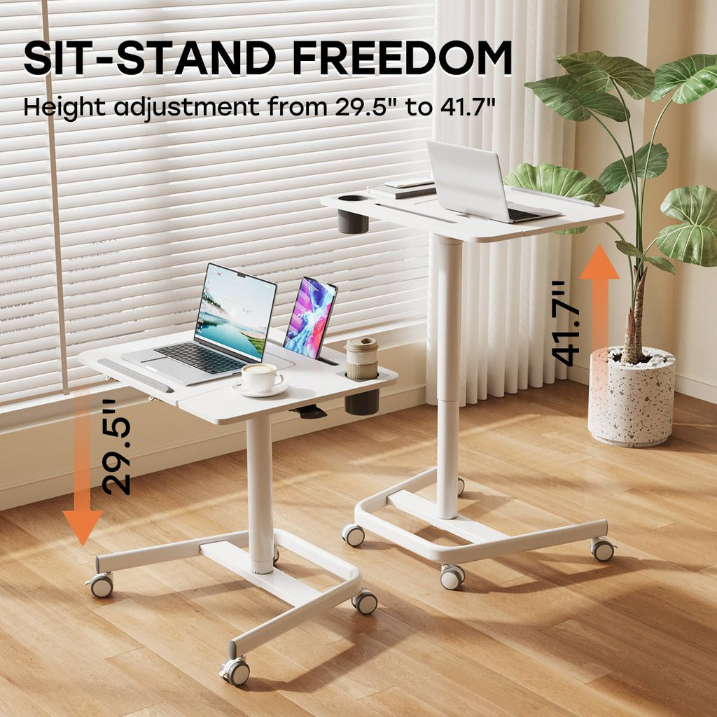 Mobile Standing Desk, Height Adjustable Table, 60° Tiltable Rolling Laptop Desk, Portable Sit Stand Desk with Wheels Cup Holder for Bed Couch School, Holds Up to 22lbs, White