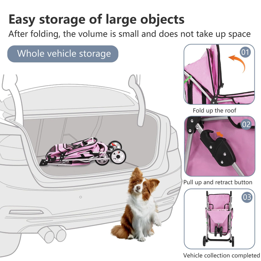 Pet Stroller Foldable Dog Stroller 3-Wheel Durable Cat Jogger Stroller for Small and Medium Dogs Cats with Washable Liner Storage Basket Cup Holder,Pink