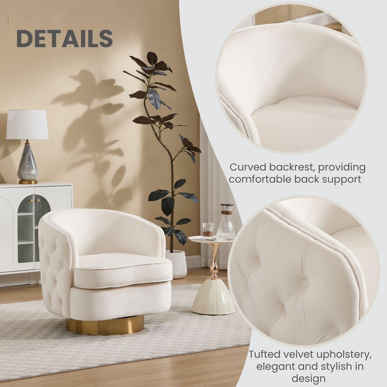White Swivel Comfy Accent Chair for Living Room, Modern Tufted Velvet Upholstered Round Arm Chair with Tall Backrest, Barrel Side Chairs for Reading Bedroom