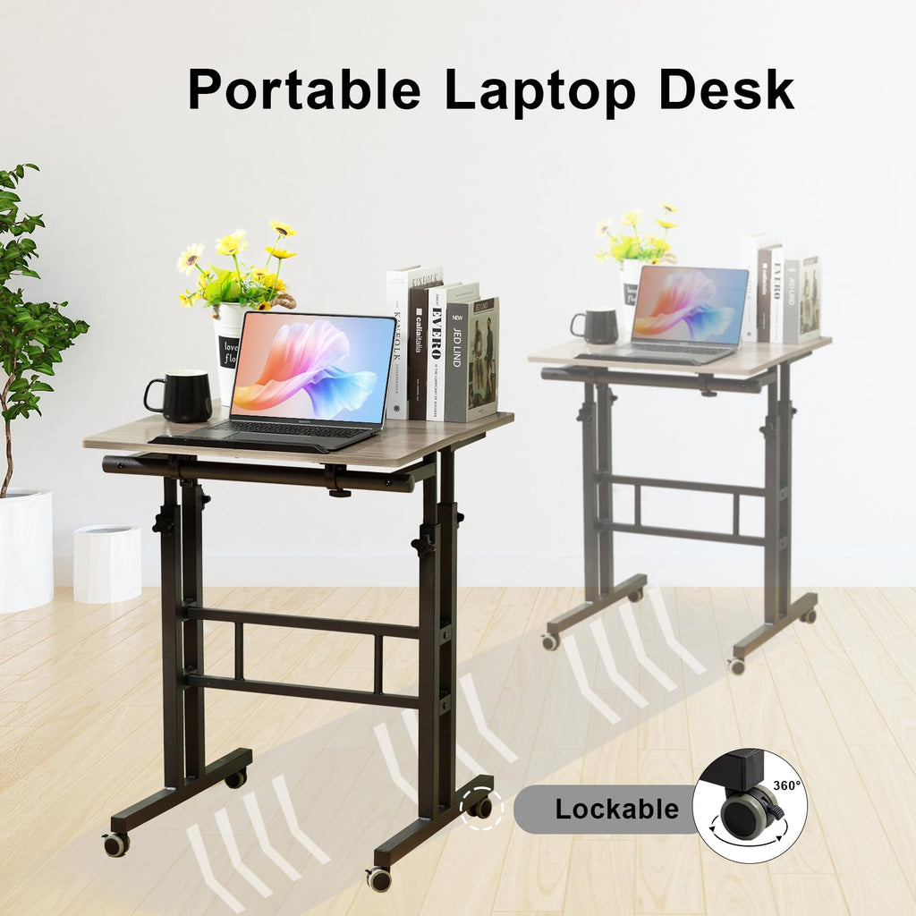 Mobile Standing Desk with Charging Station, Adjustable Standing Computer Desk, Standing Adjustable Laptop Cart with Wheels for Home Office Classroom Light Grey