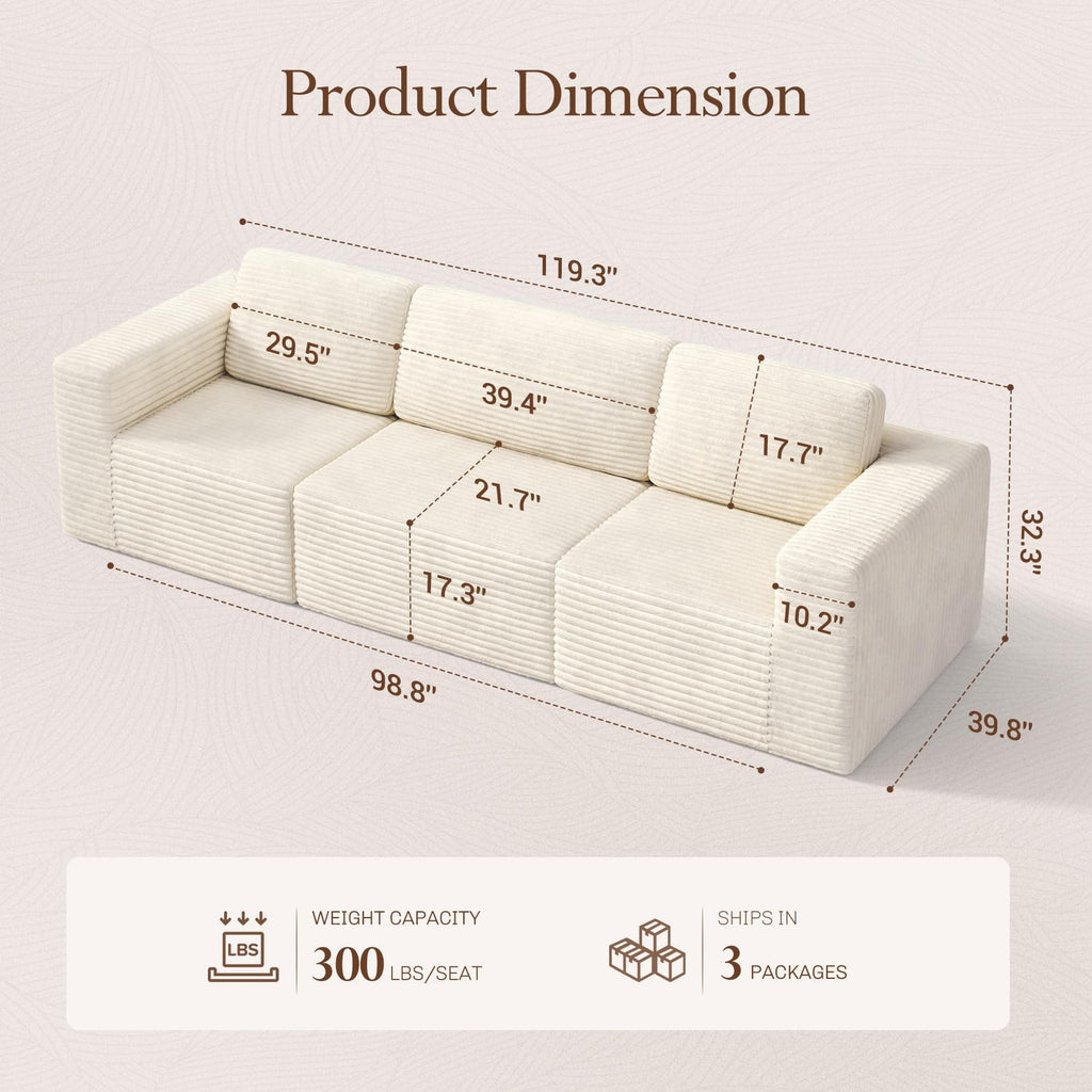 119" Modular Sectional Sofa, Corduroy Cloud Couch with Deep Seating & Spring Support, 3 Seater Flexible Layout Sofa, Boneless Couch for Living Room & Apartment, No Assembly Required, Beige