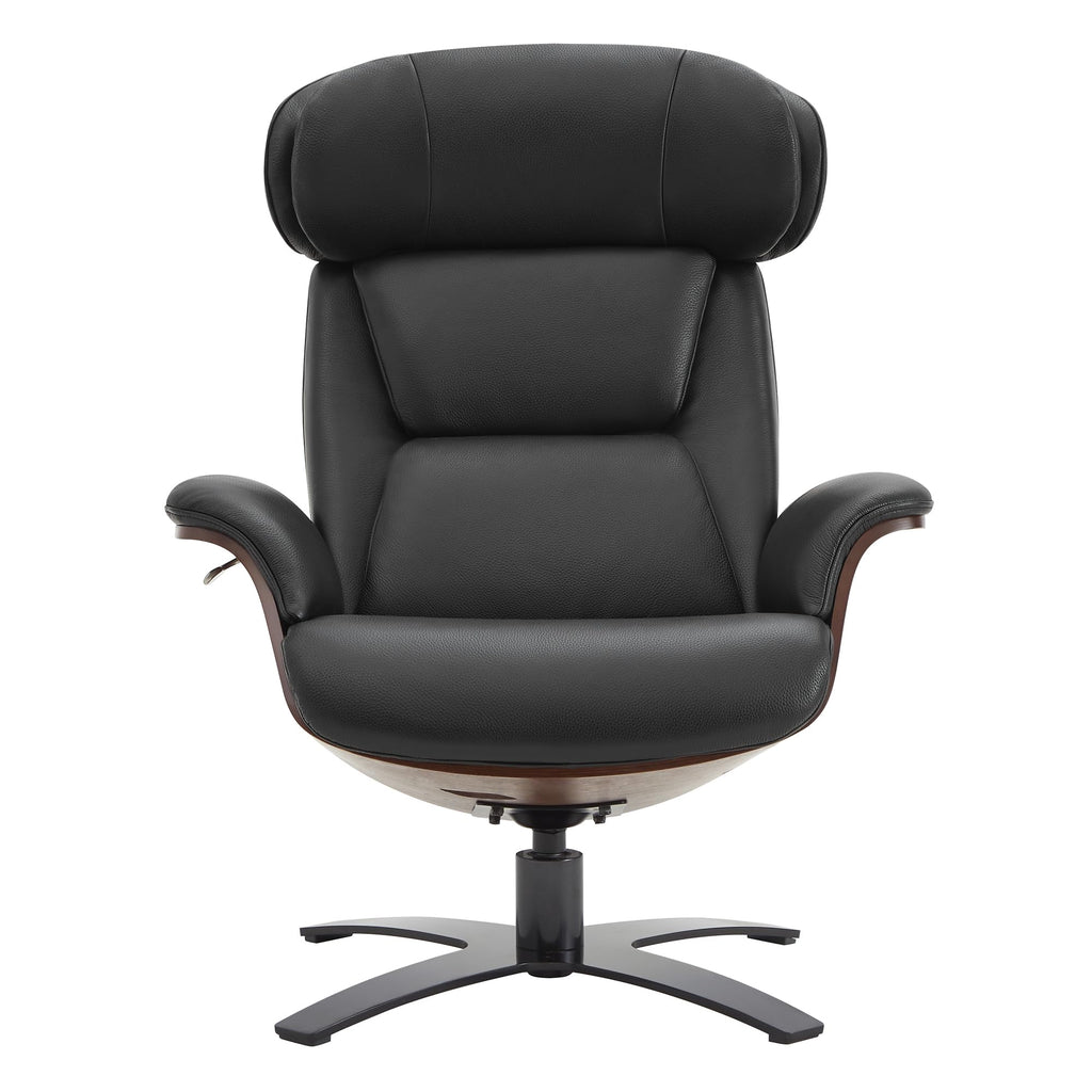 Genuine Leather Reclining Swivel Chair with Adjustable Headrest and Ottoman for Living Room, Black