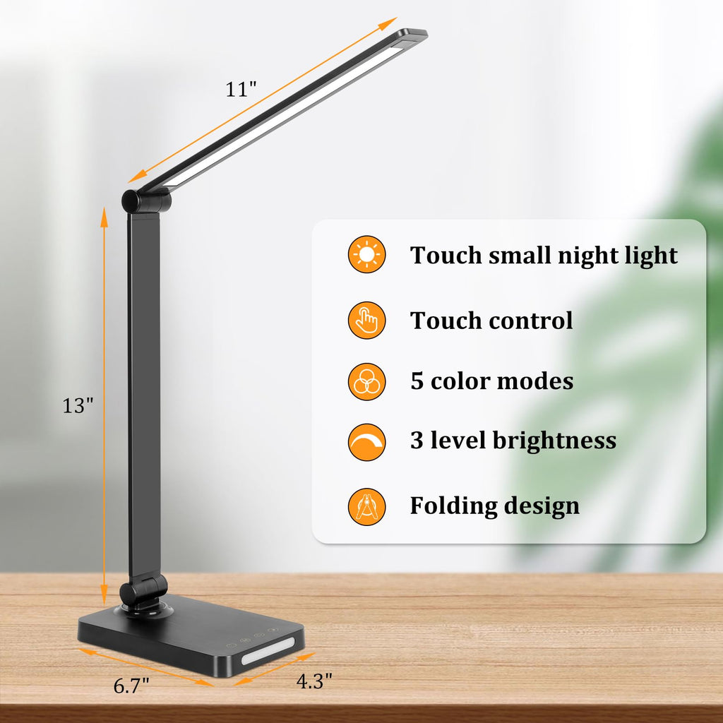 LED Desk Lamp with USB Ports,Touch Desk Lamps for Home Office with 5 Color Modes,3 Brightness Desk Light with Small Night Light,Reading Lamp Table Lamp for Bedroom Bedside Study Black （with adapter）