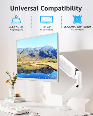 Single Monitor Desk Mount Holds Screen up to 32 inch, Height Adjustable Monitor Arm, Full Motion Computer Monitors Stand with Clamp/Grommet Base, VESA Mounts Fit 4.4-17.6lbs Computer, White