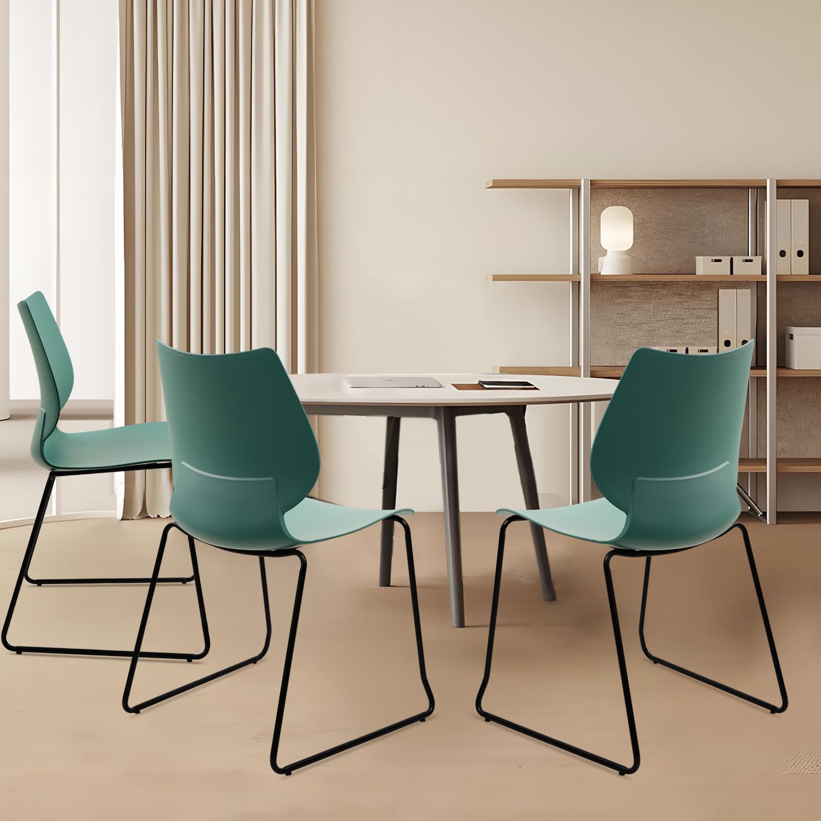 Set of 4, Green, Stackable Waiting Room Chair, Stacking Office Chair with Ergonomic Lumbar Support and Metal Legs, Plastic Desk Chairs for Conference School Church Guest Reception