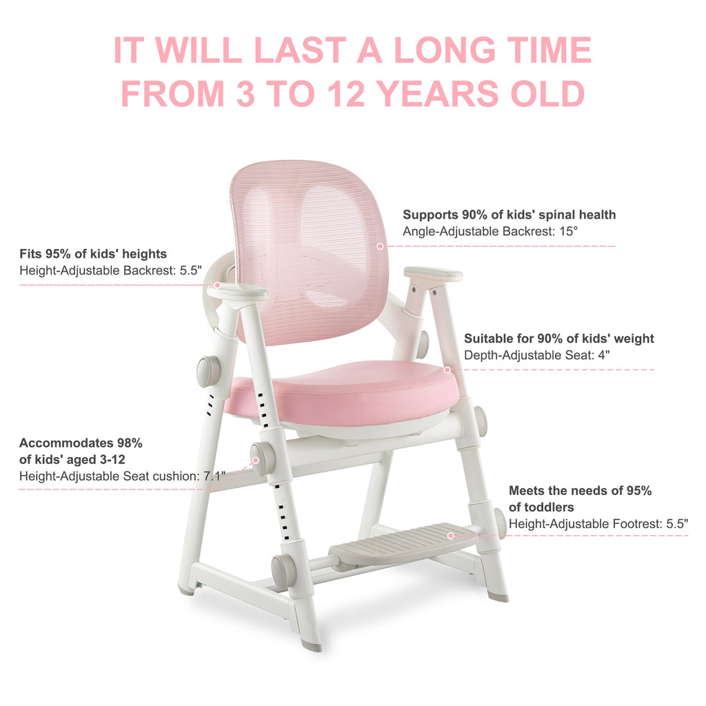 Ergonomic Kids' Study Chair, Height Adjustable Kids Desk Chair for Boys Girls,Comfortable for Teenagers Playing, Drawing, Ideal Gift for Children,Students（Pink）