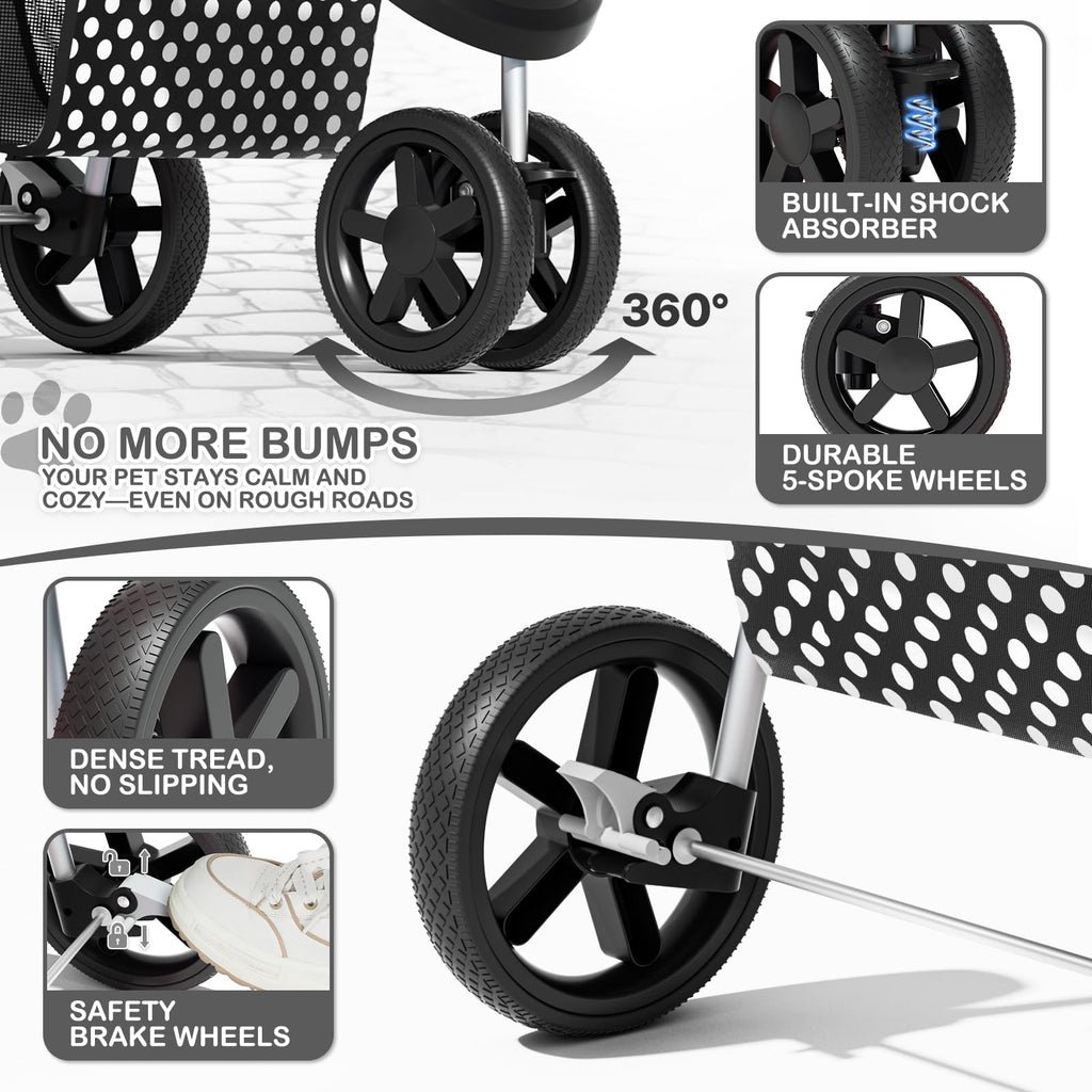 3 Wheels Pet Dog Cat Stroller for Small Medium Dogs Cats, Foldable Jogger Stroller w/Storage Basket and Cup Holder, Black Polka Dots
