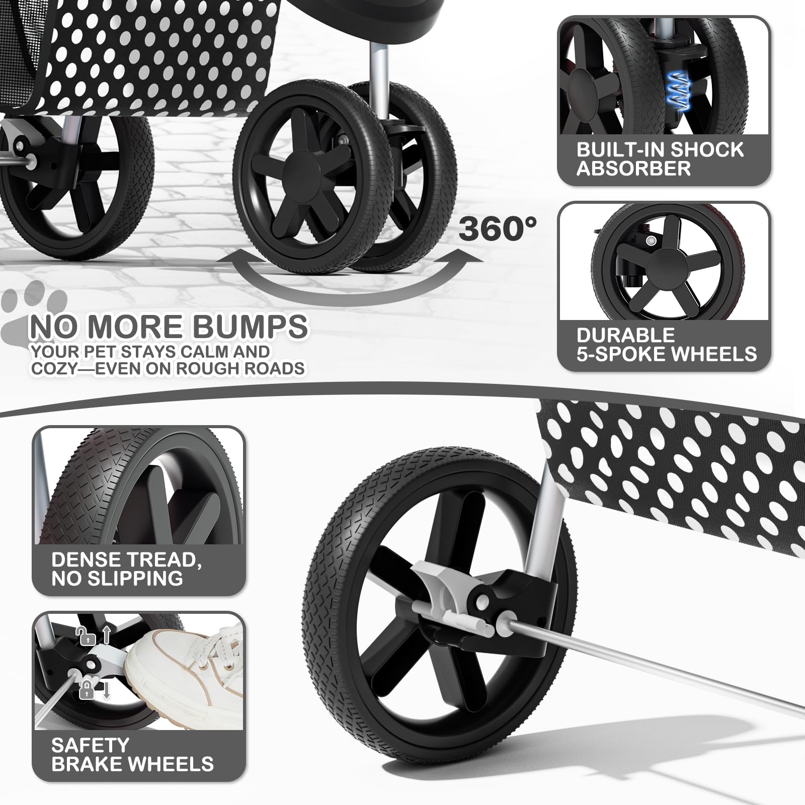 3 Wheels Pet Dog Cat Stroller for Small Medium Dogs Cats, Foldable Jogger Stroller w/Storage Basket and Cup Holder, Black Polka Dots