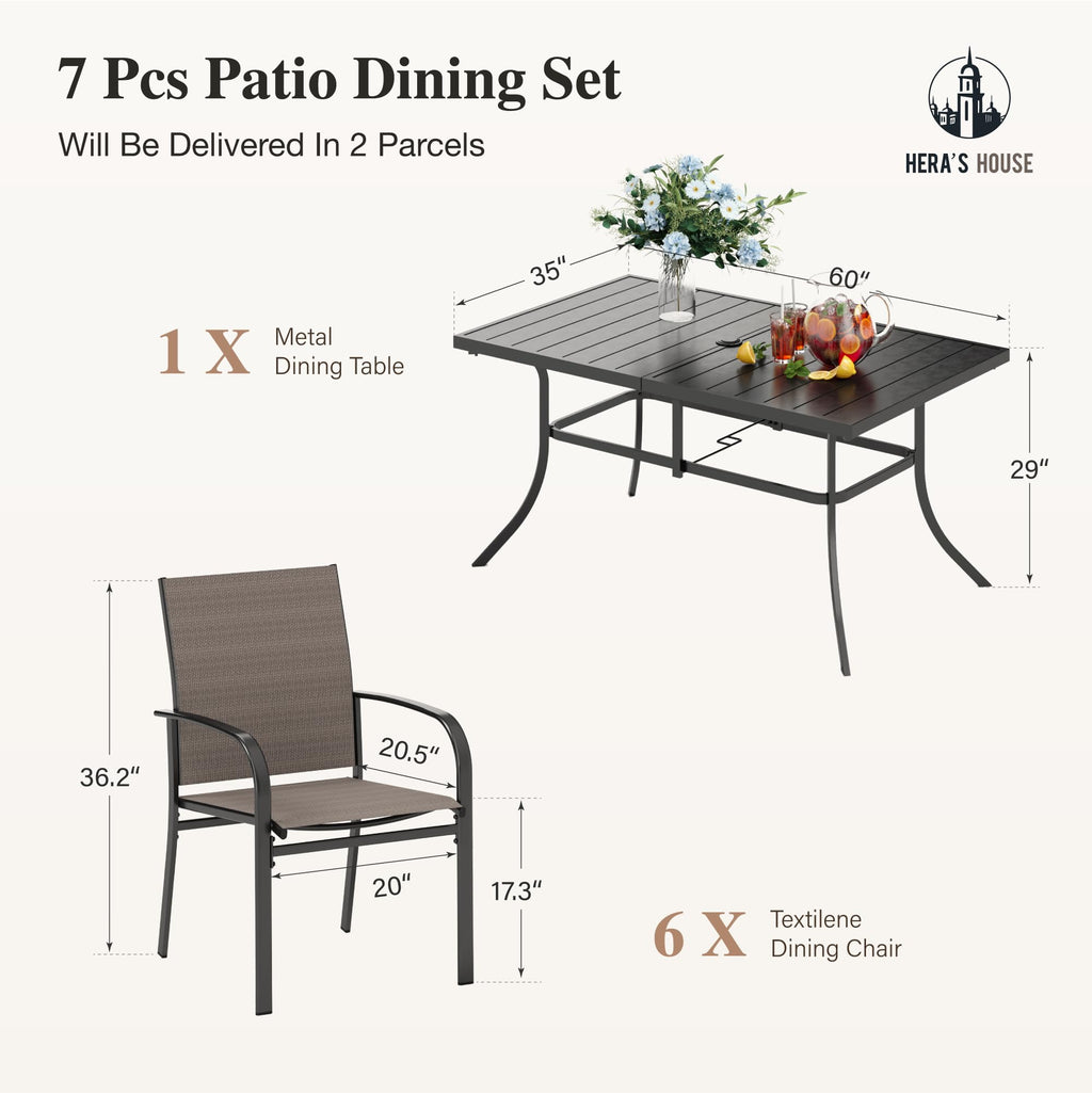 7 PCS Patio Dining Set, All-Weather Outdoor Table Chairs Set, 6 x Patio Dining Chairs, Rectangular Metal Table with Umbrella Hole for Yard Garden Porch Deck (Brown)
