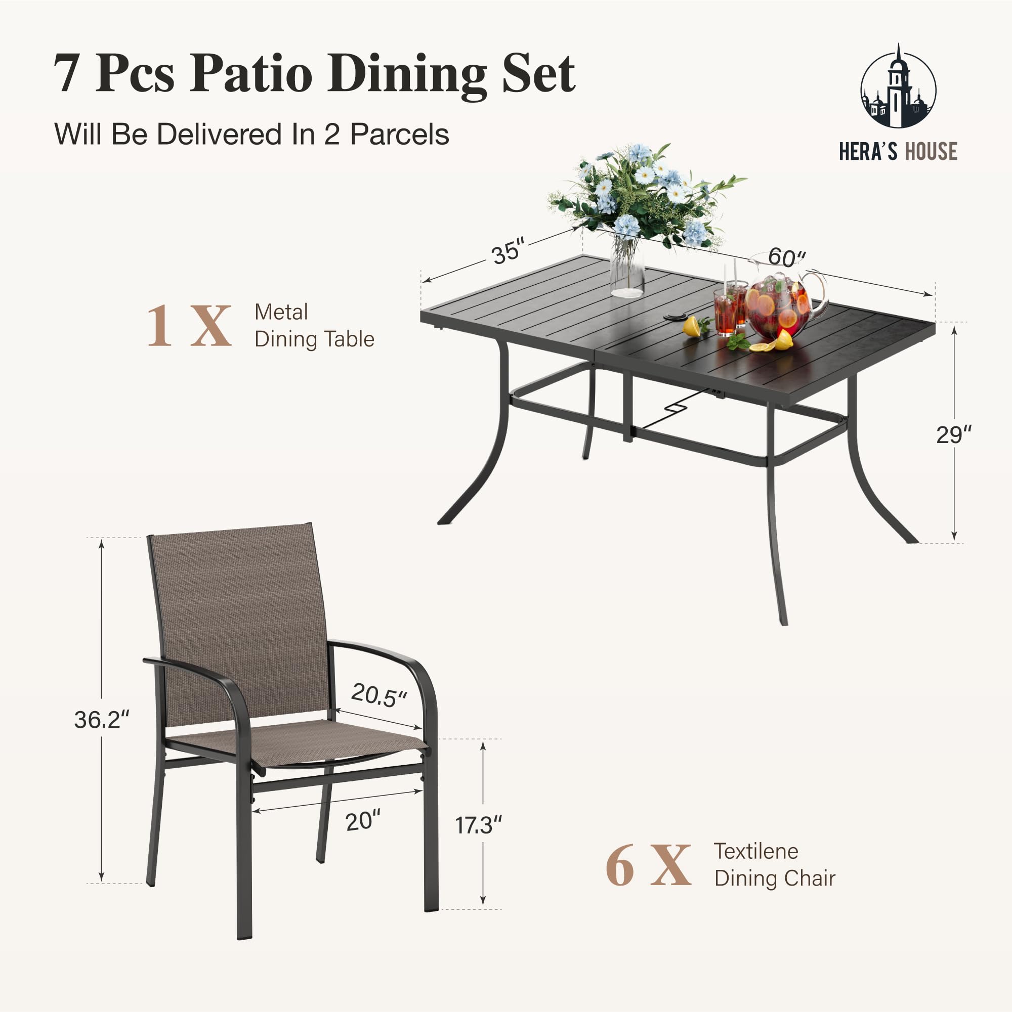 7 PCS Patio Dining Set, All-Weather Outdoor Table Chairs Set, 6 x Patio Dining Chairs, Rectangular Metal Table with Umbrella Hole for Yard Garden Porch Deck (Brown)