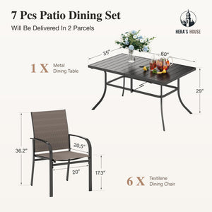 7 PCS Patio Dining Set, All-Weather Outdoor Table Chairs Set, 6 x Patio Dining Chairs, Rectangular Metal Table with Umbrella Hole for Yard Garden Porch Deck (Brown)