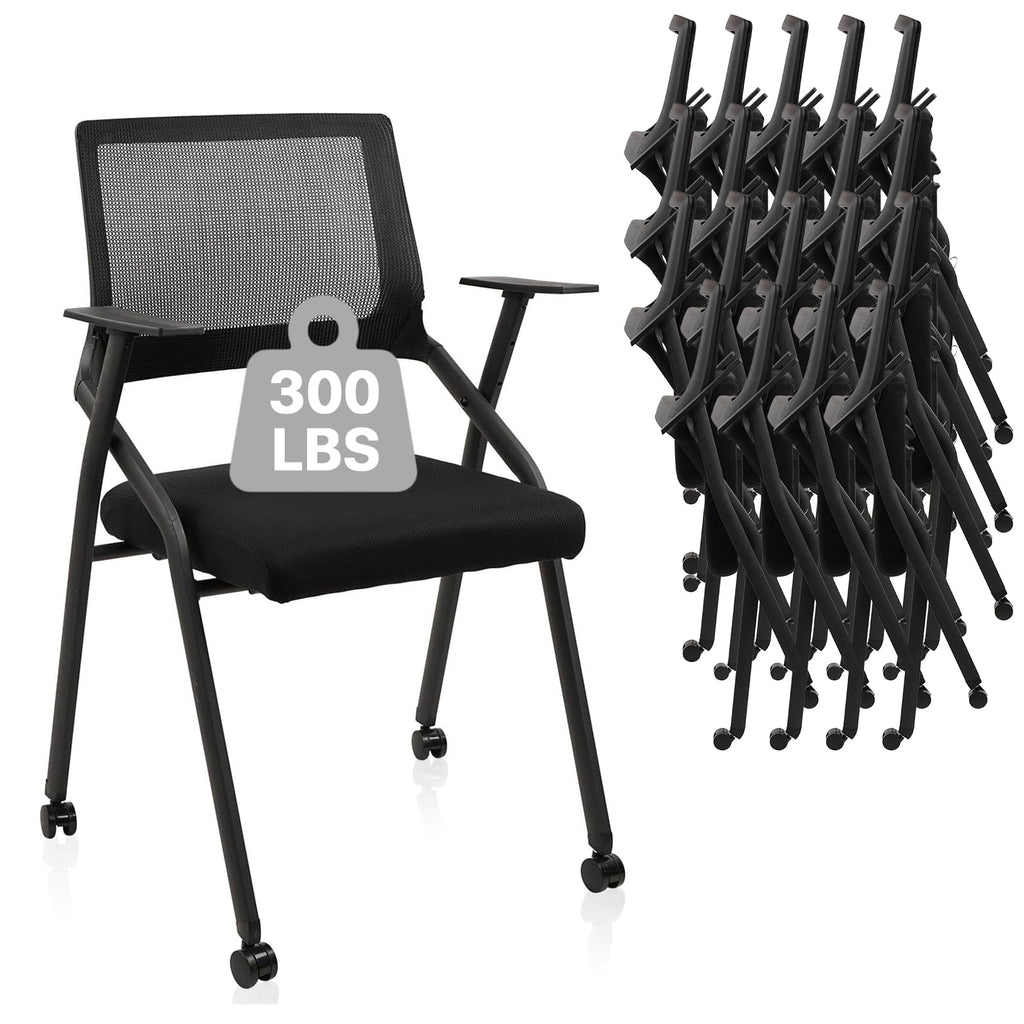 Black 20 Pack, Stackable Foldable Chairs with Wheels, Portable Padded Office Desk Chair with Lumbar Support and Armrest for Conference School Lobby Break Waiting Training Room Guest Reception,