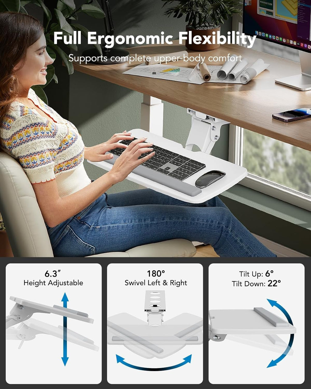 Keyboard Tray Under Desk, 360 Adjustable Ergonomic Sliding Keyboard & Mouse Tray, Under Desk Keyboard Tray Slide Out, Keyboard Holder Under Desk for Typing in Home, Office Work, 25"W x 9.84"D