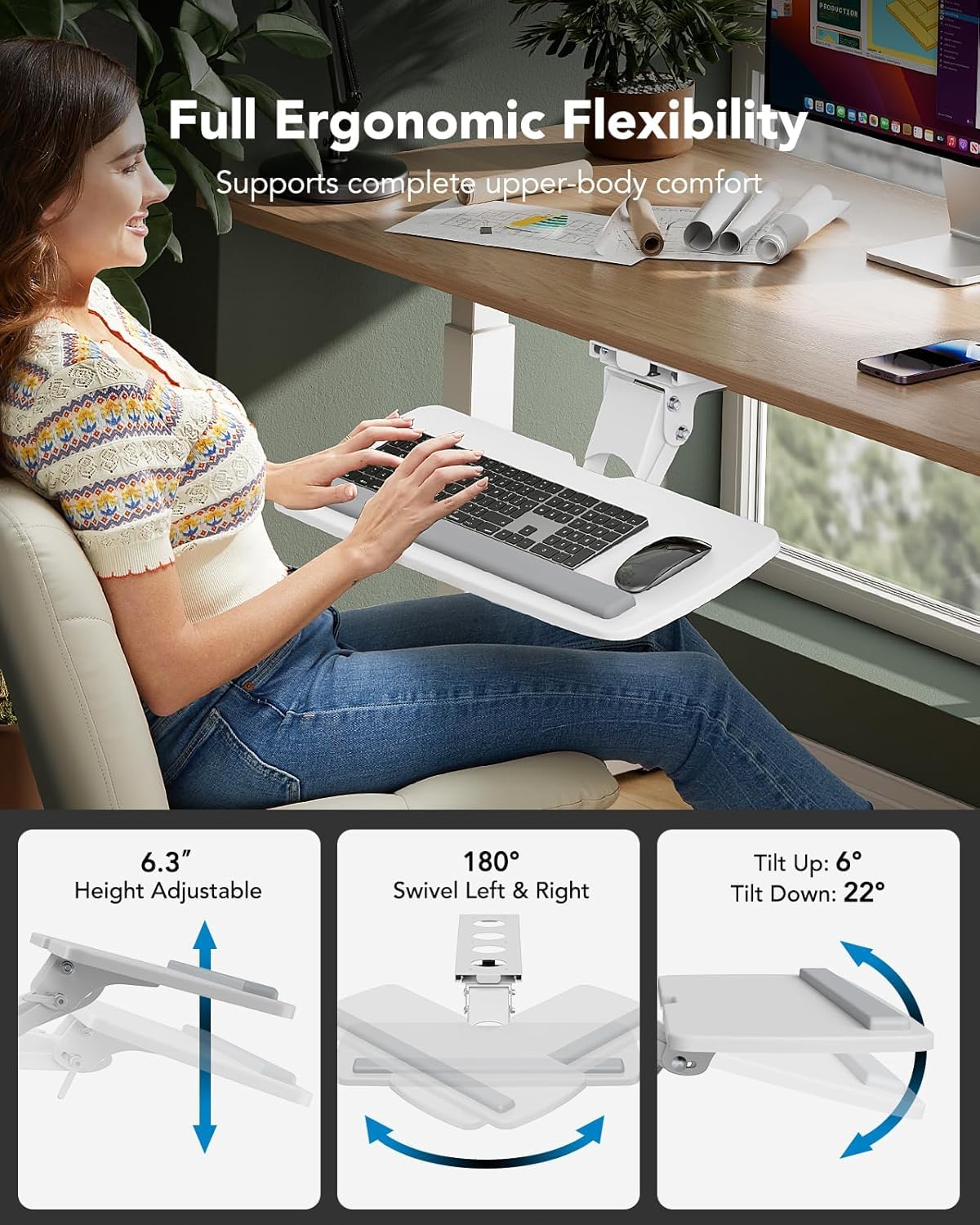 Keyboard Tray Under Desk, 360 Adjustable Ergonomic Sliding Keyboard & Mouse Tray, Under Desk Keyboard Tray Slide Out, Keyboard Holder Under Desk for Typing in Home, Office Work, 25"W x 9.84"D