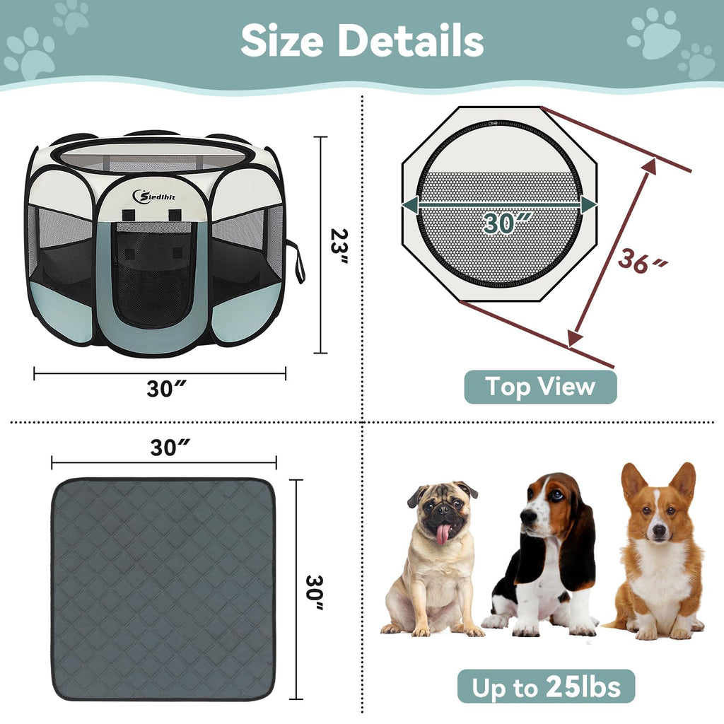 Medium Dog Cat Playpen, Puppy Pet Playpen Indoor for Small Dog Crate Tent Cage Outdoor, Portable Pop Up Dogs Enclosure Kennel with Carrying Case for Dogs/Cats/Rabbits (Grey with Pad, Medium)