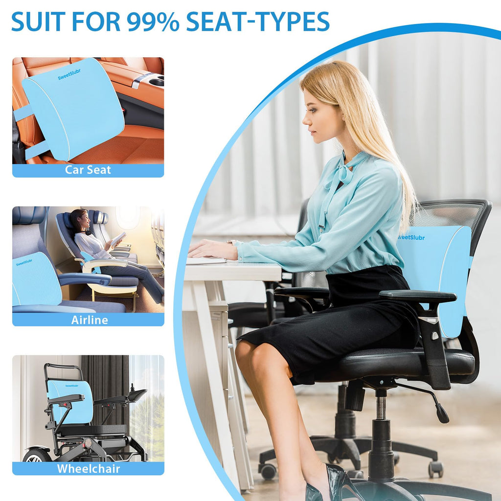 Lumbar Support Pillow for Office Chair, Car & Gaming Chair, Ergonomic Memory Foam Cushion for Back Comfort, Zoned Back Support, Double Adjustable Straps,Breathable Washable Cover,Light Blue