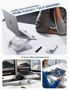 Adjustable Laptop Stand, Portable Laptop Riser, Aluminum Laptop Stand for Desk Foldable, Ergonomic Computer Notebook Holder for MacBook Air Pro HP, Office Desk Accessories (10-17.3'')- Silver