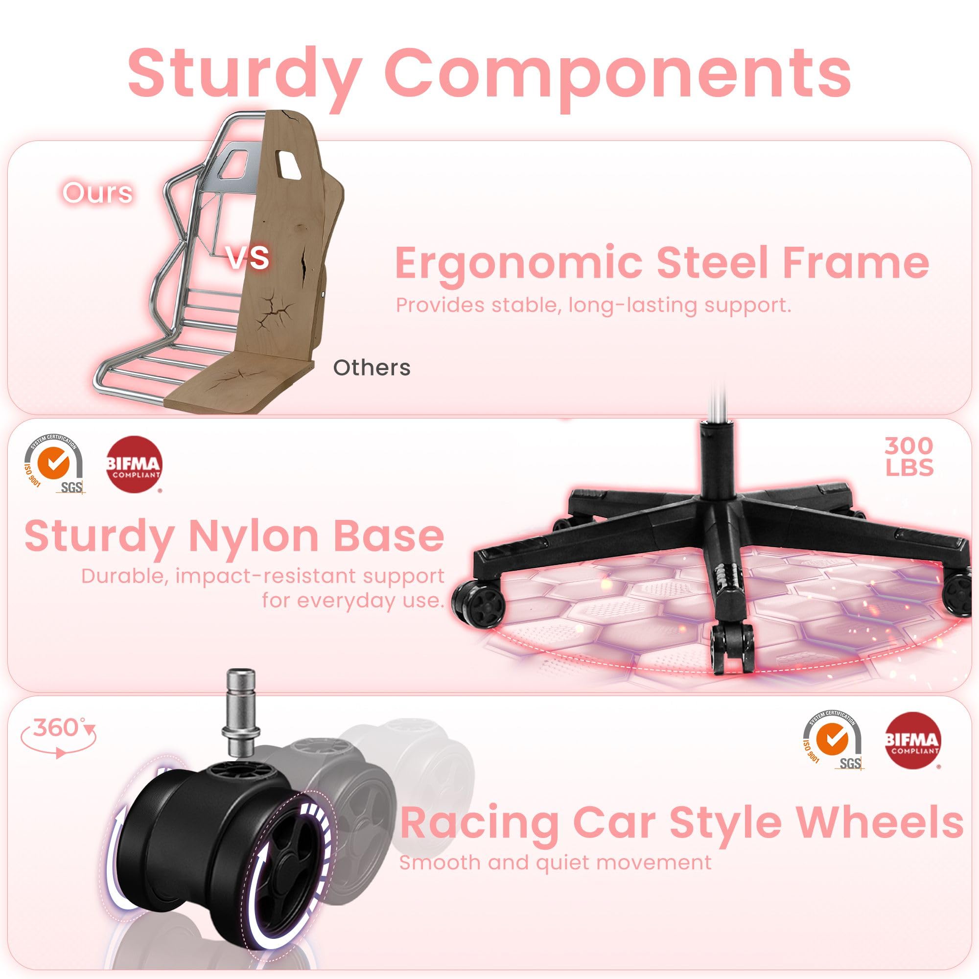 Video Gaming Chair with Footrest Lumbar Support for Home Office High Back Recliner Height Adjustable Ergonomic Comfy Fabric Computer Desk Chair (Pink)