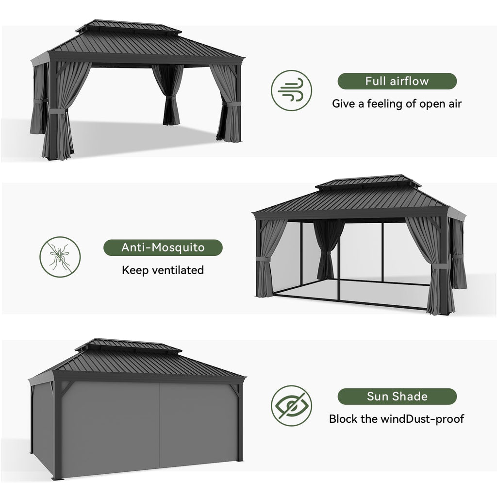 12' X 16' Permanent Hardtop Gazebo Aluminum Gazebo with Galvanized Steel Double Roof for Patio Lawn and Garden, Curtains and Netting Included, Grey