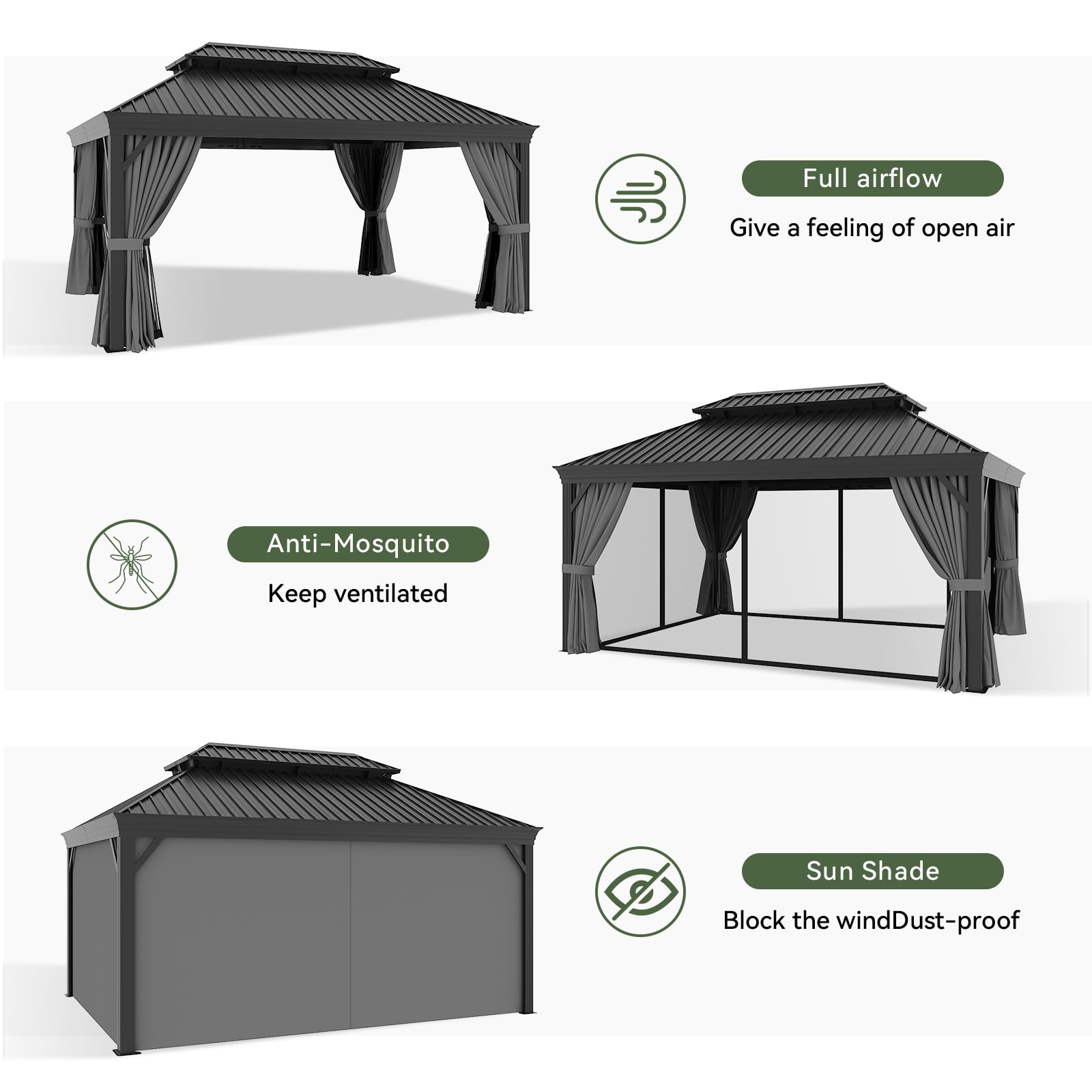 12' X 16' Permanent Hardtop Gazebo Aluminum Gazebo with Galvanized Steel Double Roof for Patio Lawn and Garden, Curtains and Netting Included, Grey