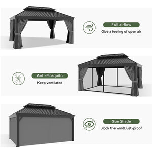 12' X 16' Permanent Hardtop Gazebo Aluminum Gazebo with Galvanized Steel Double Roof for Patio Lawn and Garden, Curtains and Netting Included, Grey