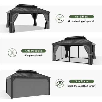 12' X 16' Permanent Hardtop Gazebo Aluminum Gazebo with Galvanized Steel Double Roof for Patio Lawn and Garden, Curtains and Netting Included, Grey
