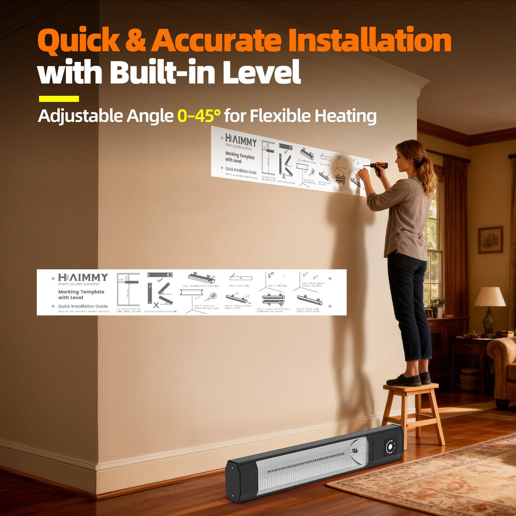 34" Wall-Mounted Electric Patio Heater, 1500W Infrared Outdoor Heater with Motion Sensor & Remote, IPX5 Waterproof, 9 Heat Levels, 9H Timer, Indoor Garage Backyard Deck Patio Heaters