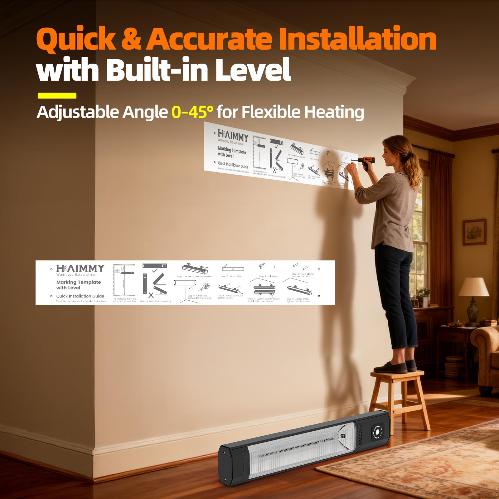 34" Wall-Mounted Electric Patio Heater, 1500W Infrared Outdoor Heater with Motion Sensor & Remote, IPX5 Waterproof, 9 Heat Levels, 9H Timer, Indoor Garage Backyard Deck Patio Heaters