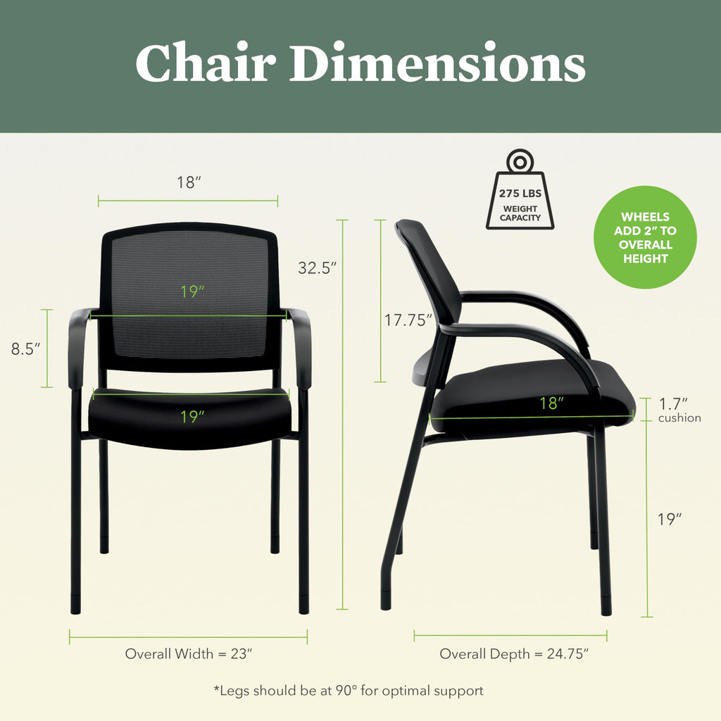 Mesh Office Chair with Arms and Casters, Guest and Conference Desk Chair for Reception Areas, Waiting Rooms, and Offices, Fabric Seat, Stackable Design, Black