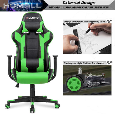 Gaming Chair, Office Chair High Back Computer Chair Leather Desk Chair Racing Executive Ergonomic Adjustable Swivel Task Chair with Headrest and Lumbar Support (Green)
