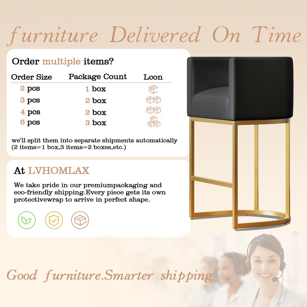 Modern Counter Height Bar Stools,Bar Stools Set of 4,PU Leather Upholstered Barrel Barstools with Backs,24'' Kitchen Island Chairs,Metal Gold Frames,Ink Black Leather