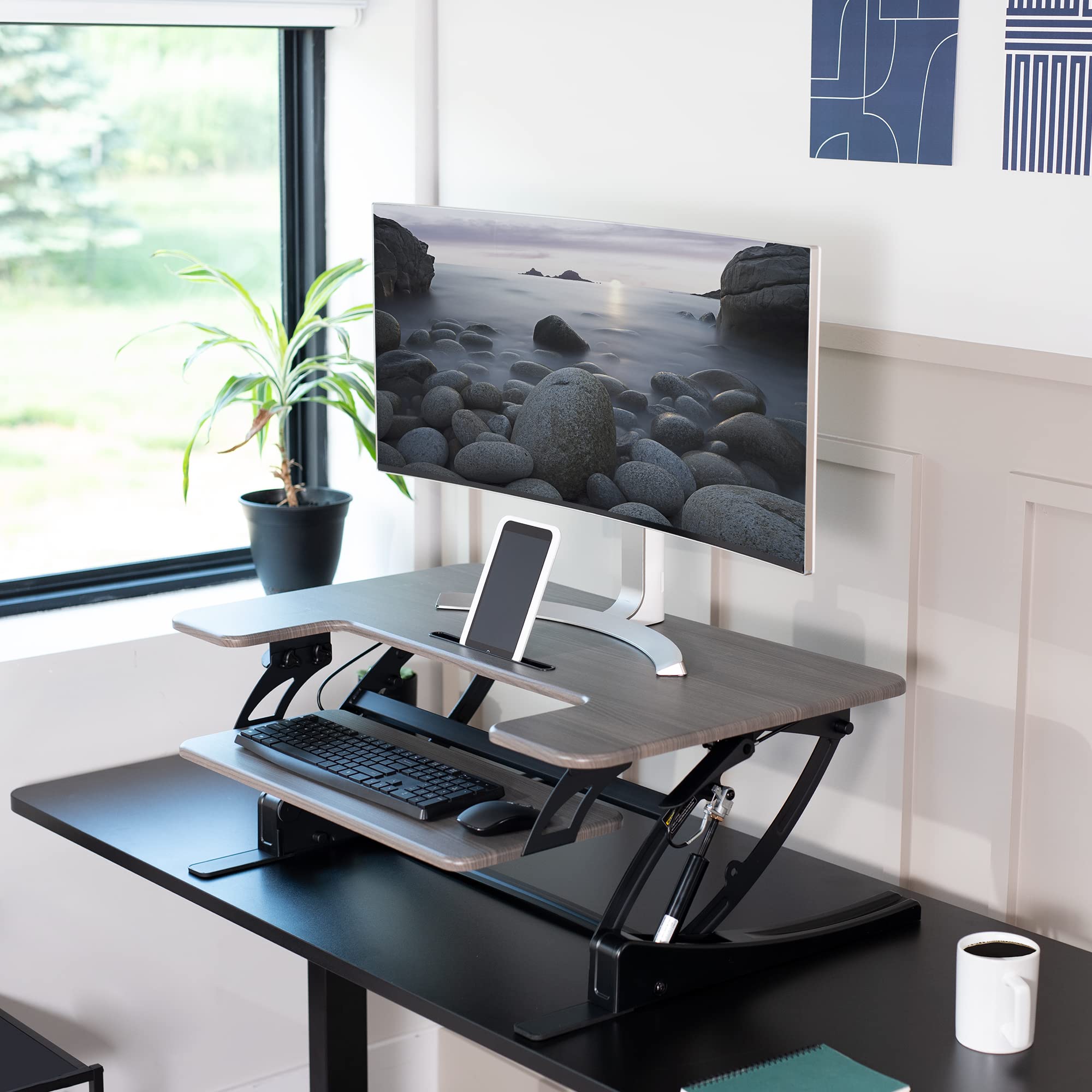 36 inch Height Adjustable Stand Up Desk Converter, V Series, Quick Sit to Stand Tabletop Dual Monitor Riser Workstation, Gray Top, Black Frame, DESK-V000VG