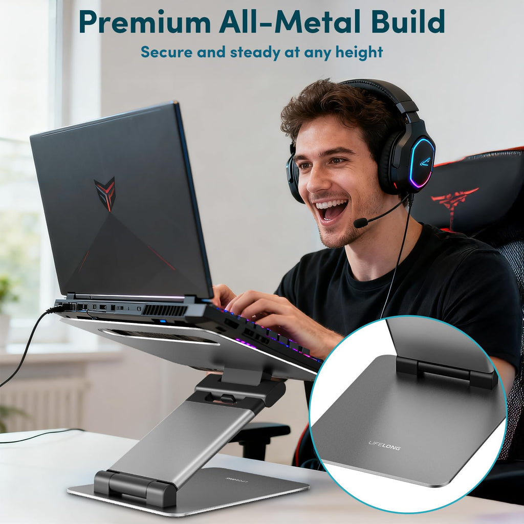 Ergonomic Adjustable Laptop Stand for Desk, Extra Tall 20” Height Aluminum Laptop Riser, Portable Foldable Computer Stand, Fits 10-17” Laptops for Office Meetings, Teamwork & Desk Setup