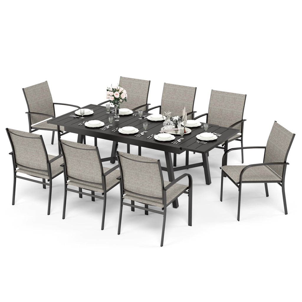 Extendable Patio Table and Chairs Set for 8, 9 Pieces Outdoor Dining Sets, 61"-84" Rectangular Metal Table with Chairs for Deck Lawn Garden Porch