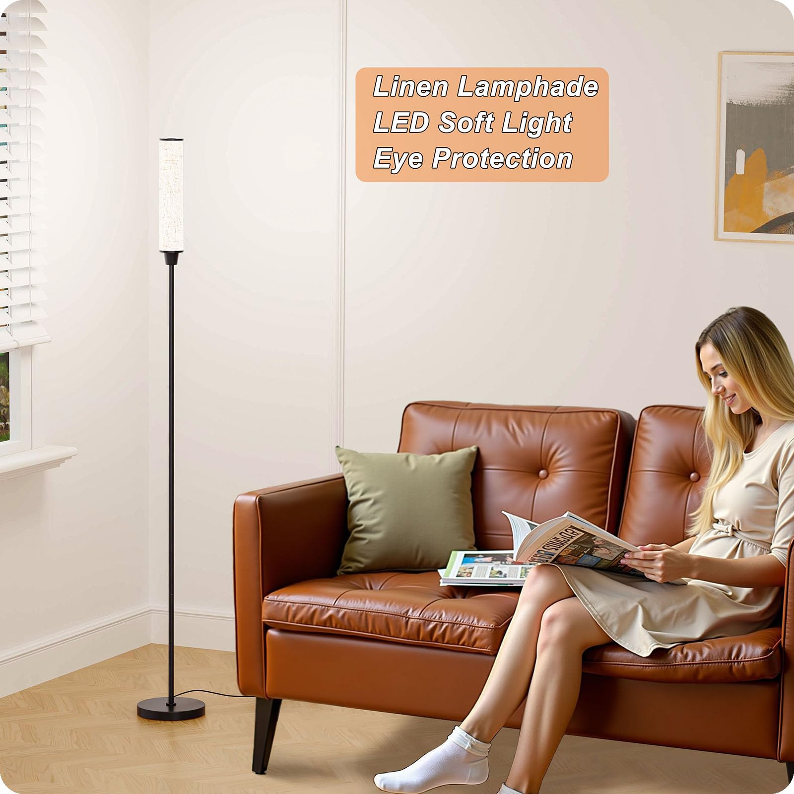 Floor Lamp with Remote Control, Floor Lamps for Living Room/Bedroom/Office, Stepless Adjustable 3000K-6000K Colors and 10-100% Brightness,Standing Light with Foot Switch (Black+Beige Linen)