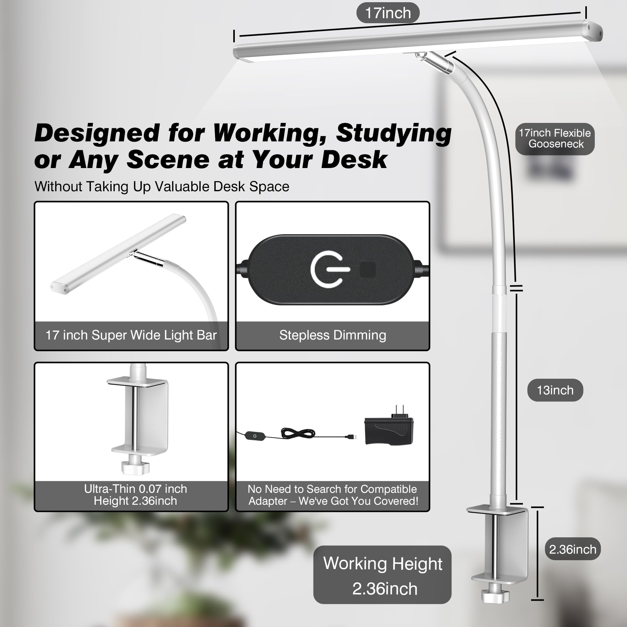 LED Desk Lamp for Office Home, Eye-Caring Desk Light with Stepless Dimming Adjustable Flexible Gooseneck, 10W USB Adapter Desk Lamp with Clamp for Reading, Study, Workbench (White)