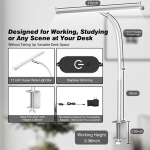 LED Desk Lamp for Office Home, Eye-Caring Desk Light with Stepless Dimming Adjustable Flexible Gooseneck, 10W USB Adapter Desk Lamp with Clamp for Reading, Study, Workbench (White)