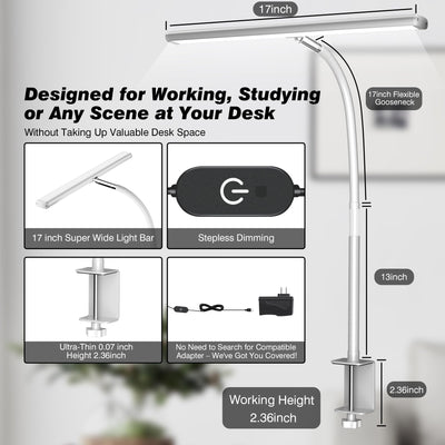 LED Desk Lamp for Office Home, Eye-Caring Desk Light with Stepless Dimming Adjustable Flexible Gooseneck, 10W USB Adapter Desk Lamp with Clamp for Reading, Study, Workbench (White)