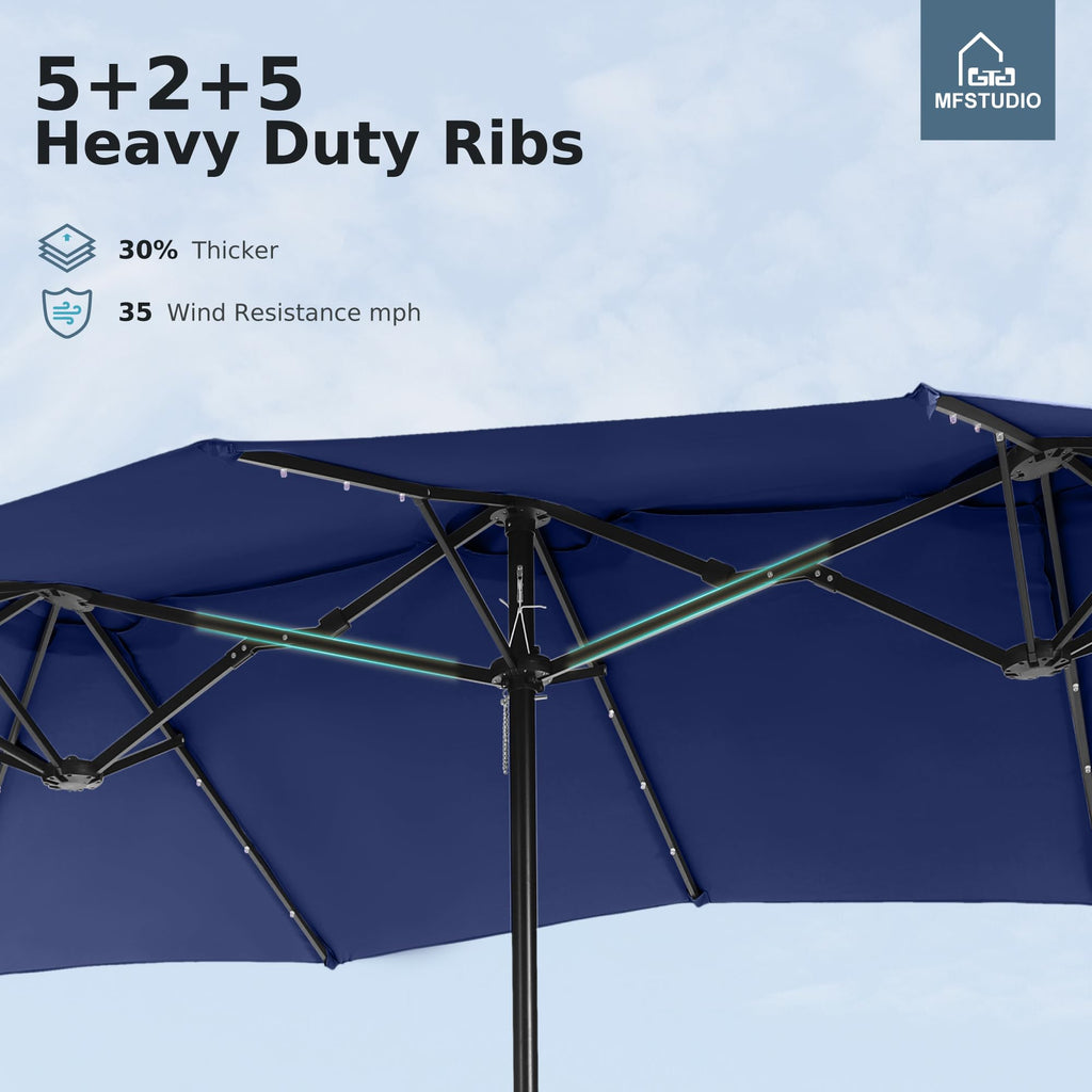 15ft Double Sided Patio Umbrella with Solar Lights, Outdoor Large Umbrellas with Crank Handle and 36 LED Lights, Rectangular Market Umbrella with Base Included for Deck Pool Shade, Navy Blue