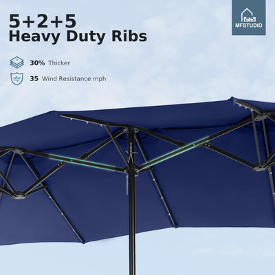 15ft Double Sided Patio Umbrella with Solar Lights, Outdoor Large Umbrellas with Crank Handle and 36 LED Lights, Rectangular Market Umbrella with Base Included for Deck Pool Shade, Navy Blue