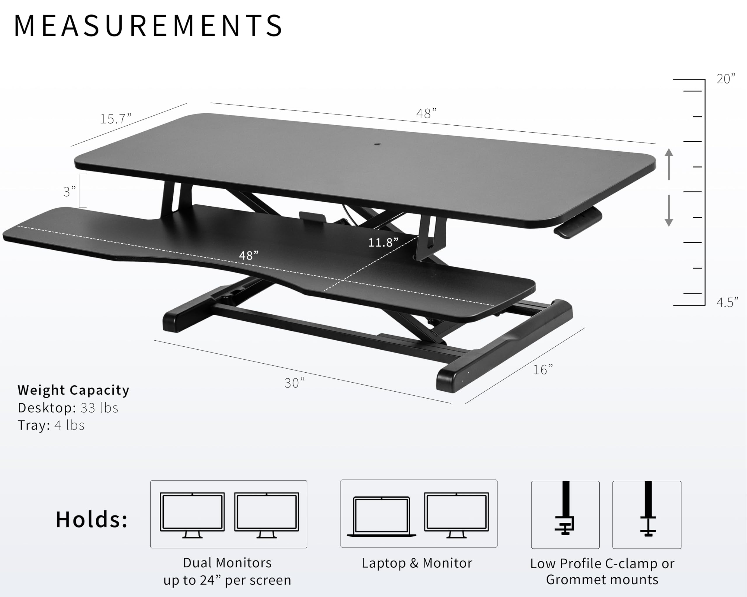 48 inch Desk Converter, K Series, Height Adjustable Sit to Stand Riser, Dual Monitor and Laptop Workstation with Wide Keyboard Tray, Black, DESK-V048KB
