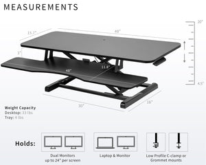 48 inch Desk Converter, K Series, Height Adjustable Sit to Stand Riser, Dual Monitor and Laptop Workstation with Wide Keyboard Tray, Black, DESK-V048KB