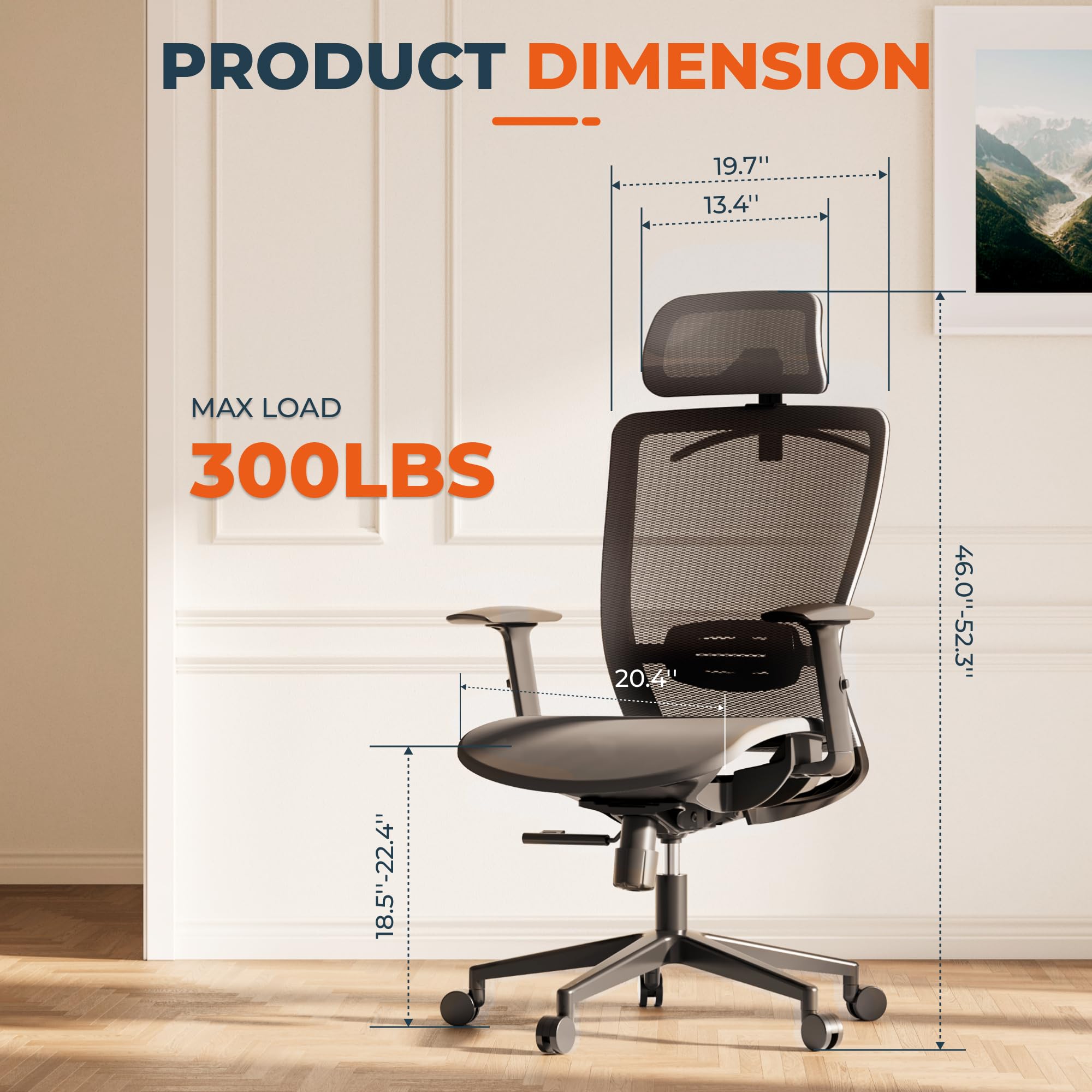 Ergonomic Office Chair Swivel Computer Chair Home Office Desk Chairs with Lumbar Support/2D Headrest/300lbs Heavy Duty/Lockable Back,Mesh Seat Cushion,ErgoChair Pro, Gray