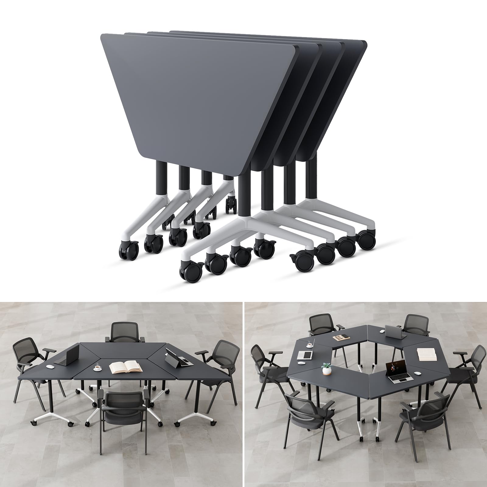 6 Pack Folding Conference Tables with Wheels, 4FT Modern Black Modular Conference Room Table Mobile Trapezoid Foldable Training Table for Office Classroom Meeting (6PACK, Black)