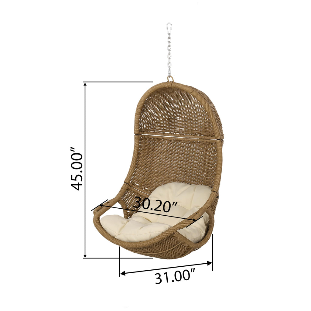 Hanging Basket Chair with Cushion, Outdoor Indoor Basket Chair, Boho Garden Rattan Lounger Porch Swing Furniture, Modern Patio Decor, Brown+Beige